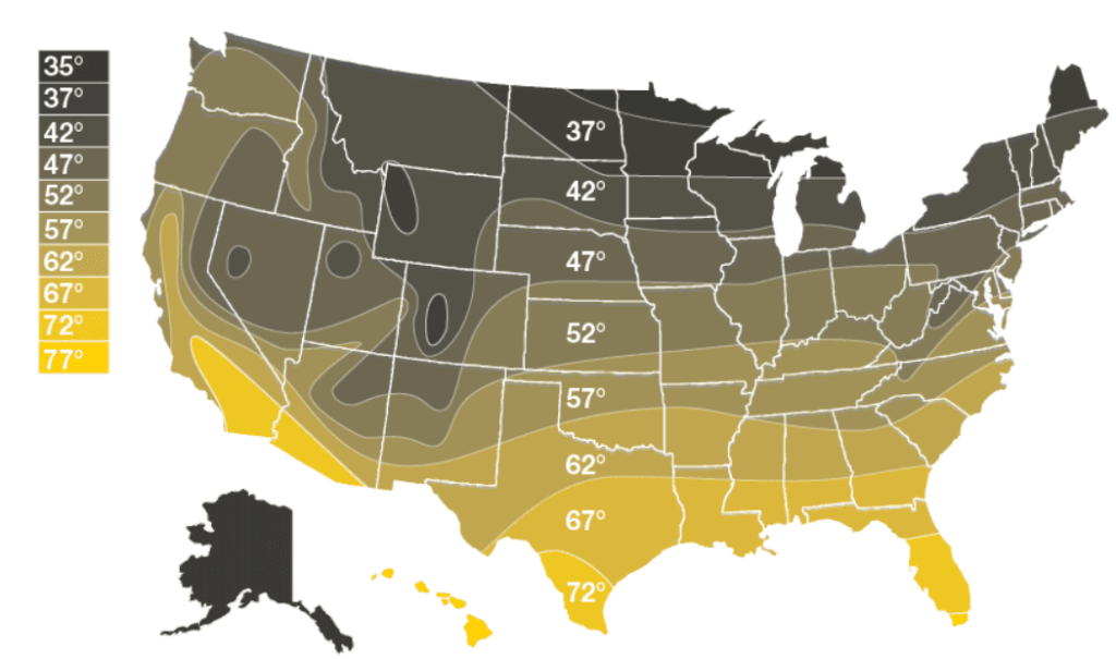 Map of average incoming groundwater temperature across US states, used to size a tankless heater