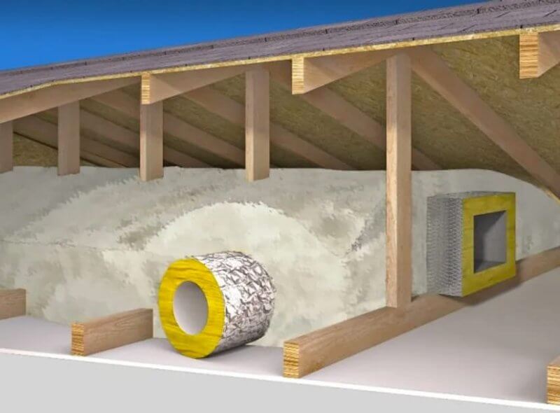 Insulated flex ducts buried in fresh attic insulation above a sealed ceiling