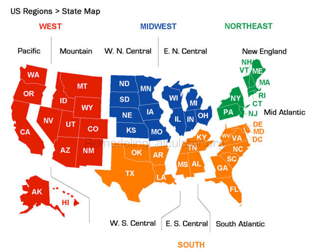 Map of US pricing regions used to adjust mini split installation costs