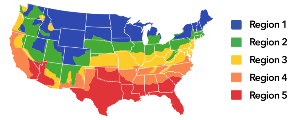 US climate zone map used to match a home's location to the right central AC size
